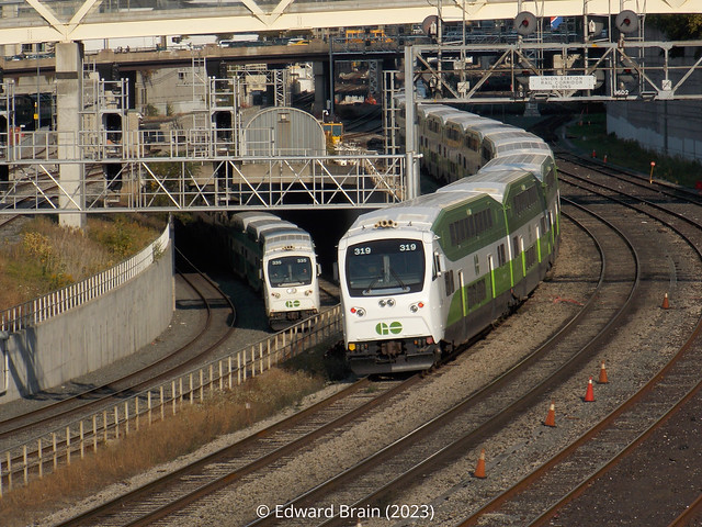 Two GO Trains at the Flyover West of Union Station