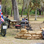 Artifact Display, World War II Weekend, Dade Battlefield State Park Ariel W-NG motorcycle with Union Jack and machine gun nest.