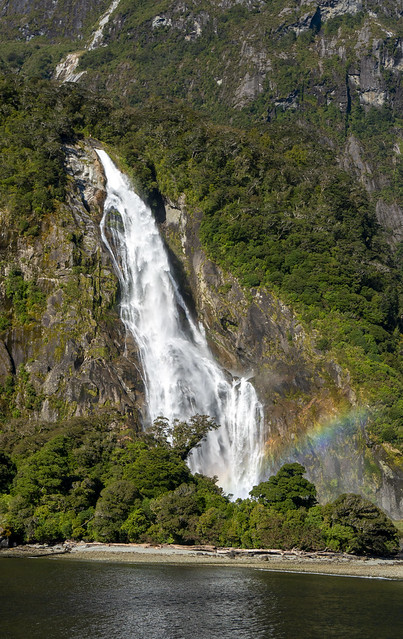 Lady Bowen Falls with Rainbow in Milford Sound New Zealand
