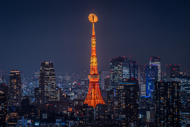 Tokyo Tower Moonrise as seen from Yebisu Garden Place Tower Sky Lounge (Top of Yebisu), Tokyo, Japan