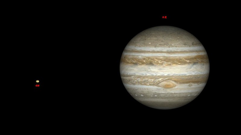 WinJUPOS によるシミュレーション: イオと木星 2023-11-01 12:45.1 UT  + 12:46.1 UT の比較明合成