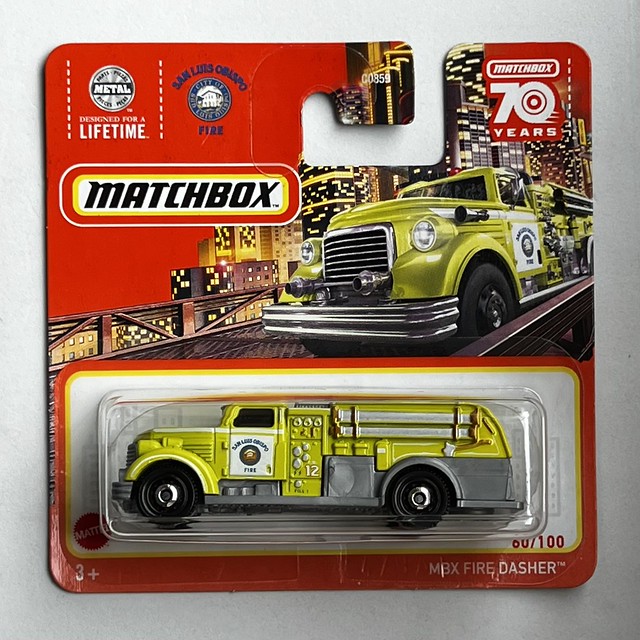 Mattel Matchbox - 70 Years - Number 60/100 - MBX Fire Dasher - San Luis Obispo FD - Miniature Diecast Metal Scale Model Emergency Services Vehicle