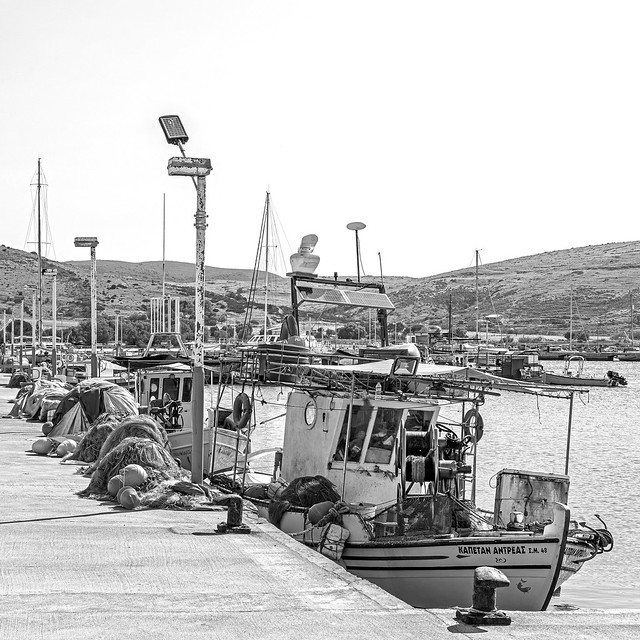 Fishing Boat - Town Harbour (Moudros) Lemnos (Greece) (Monochrome) Olympus OM-1 & M.Zuiko 12-100mm F4 Pro Zoom Lens
