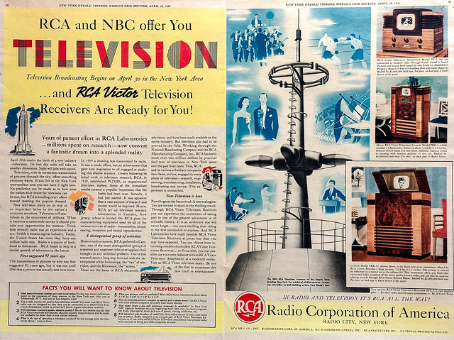 “RCA and NBC offer You TELEVISION” ad in the “New York Herald Tribune World’s Fair Section,” April 30, 1939.
