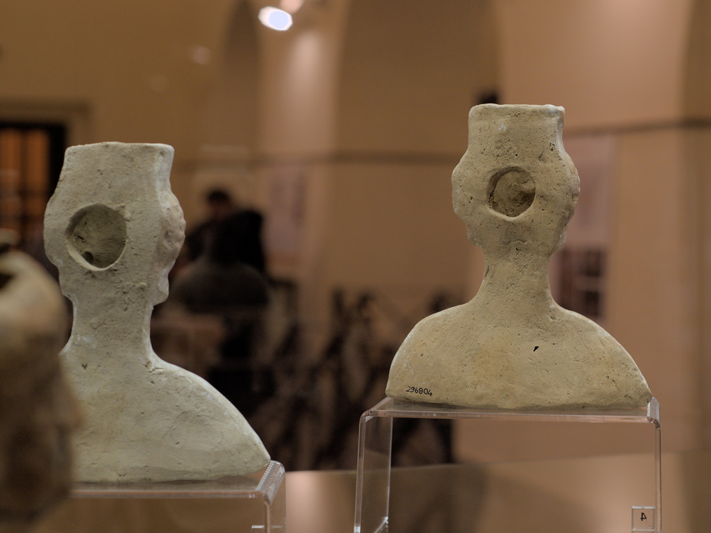 Terracotta female busts with polos, reverse, from Acerra