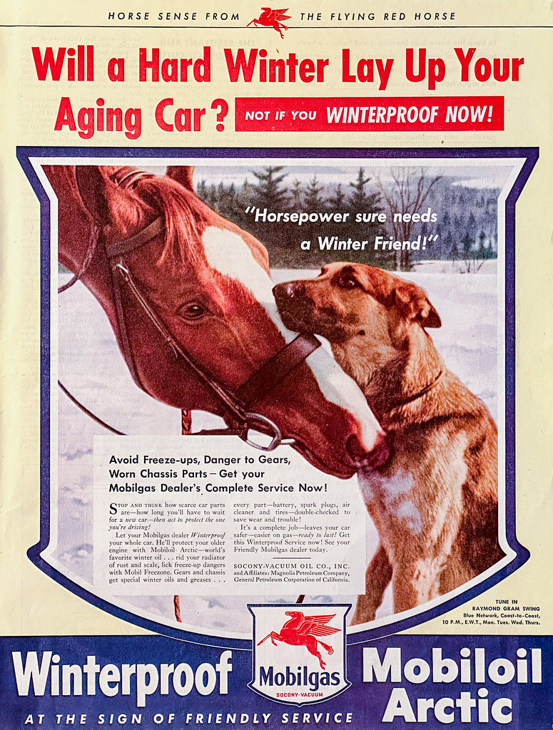 Ad for Mobilgas Winterproof Service in “The Saturday Evening Post,” December 9, 1944.