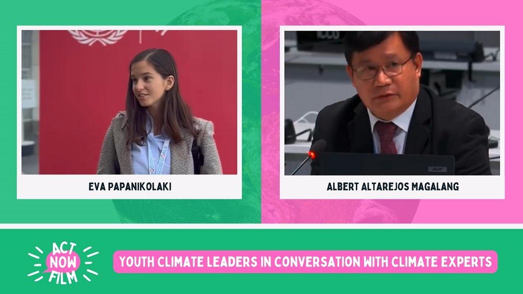 Photos of ActNowFilm participants Eva Papanikolaki and Albert Magalang, with their names displayed underneath. The bottom of the picture features the ActNowFilm logo and the film title “Youth climate leaders in conversation with climate experts”.