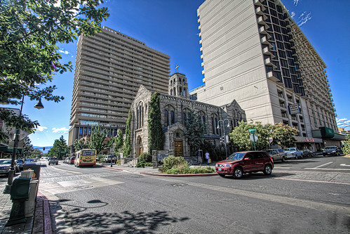 horizontal day daylight buildings structures architecture condos skyscrapers highrises church steeple streets vehicles transportation hdr highdynamicrangeimagery reno nv nevada firstmethodistchurch people highlights shadows cloudless summer
