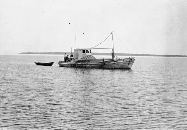 A fishing boat dredging for oysters, Malpeque Bay, Prince Edward Island / Un dragueur pêche des huîtres dans la baie Malpeque (Île-du-Prince-Édouard)