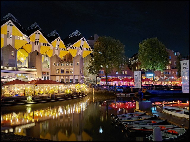 The Cube Houses at night, Rotterdam, the Netherlands, October 2023