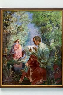 Otto Dix: Der Heilige Lukas malt die Madonna, Mischtechnik auf Holz 1943