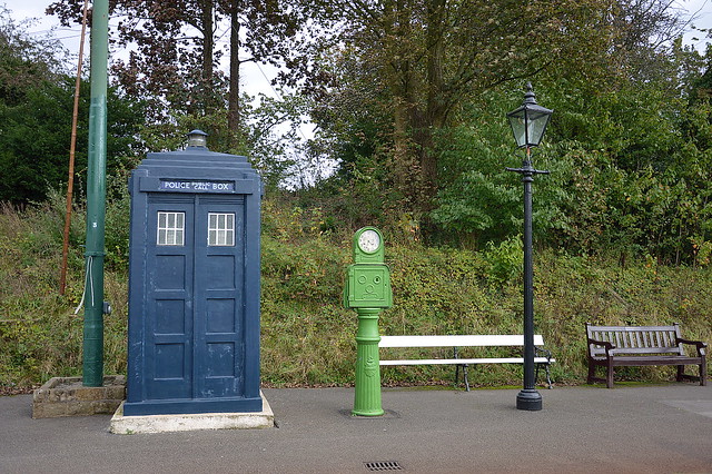 A Tardis and a Bundy Tram Time Recording Clock at the national tramway Museum, Crich.
