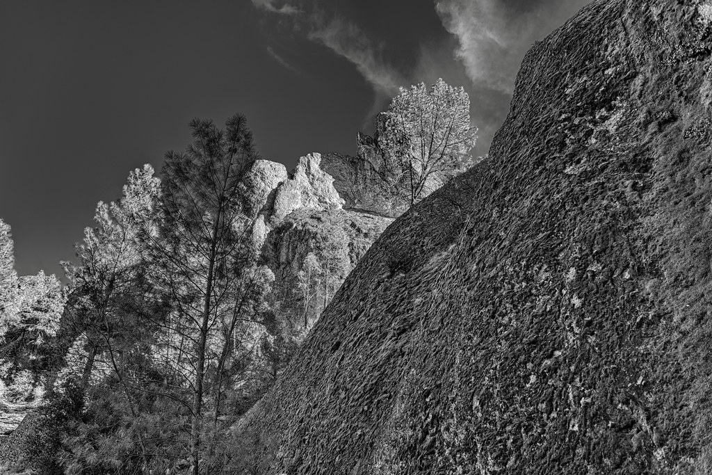 Black & White Image of Lichen, Rock Formations and Hillsides in Pinnacles National Park (Black & White, HDR)