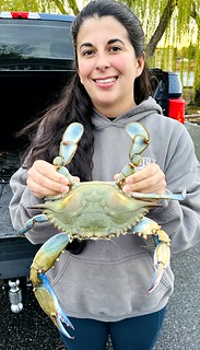 Photo of woman holding a blue crab