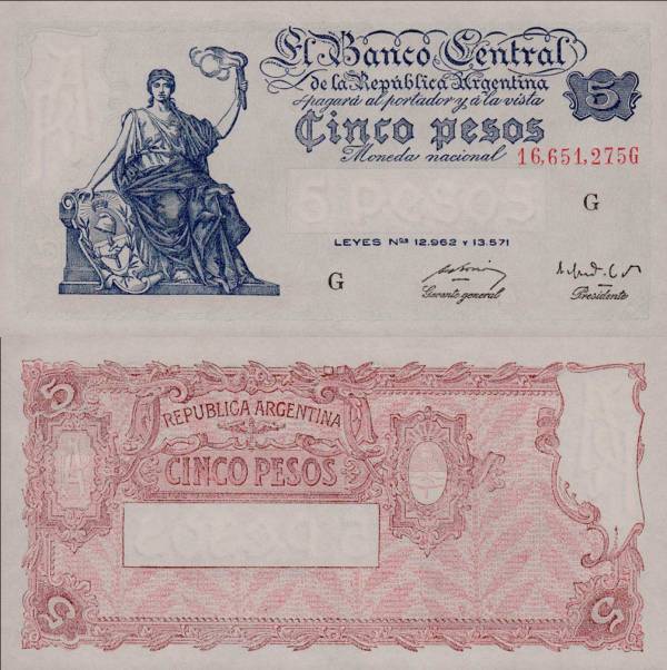 Argentina p264c 5 Pesos-1951