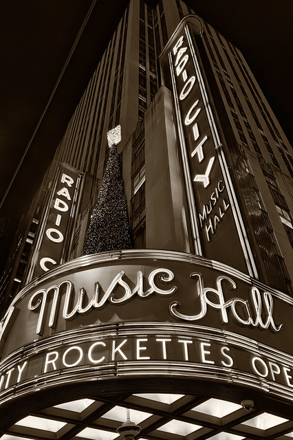 The illuminated marquis at Radio City Music Hall at night