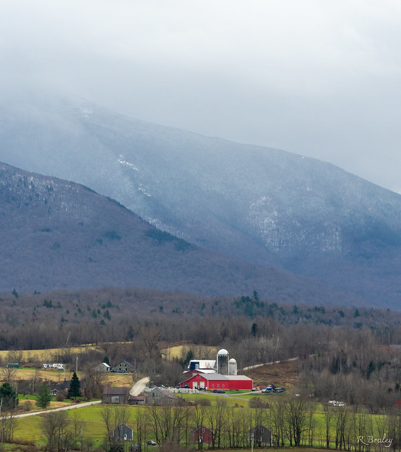 Barn and Mt Mansfield in the clouds, Cambridge, Vermont