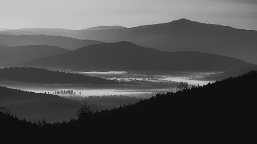 Dawn at the camper site by 5chur0, bayern deutschland nebel berge landschaft sonnenaufgang blackandwhite bw mountains fog sunrise germa