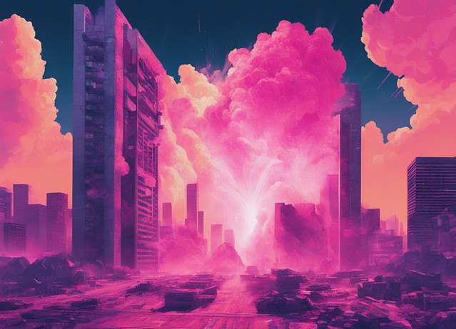 Vaporwave explosions in a brutalist cityscape