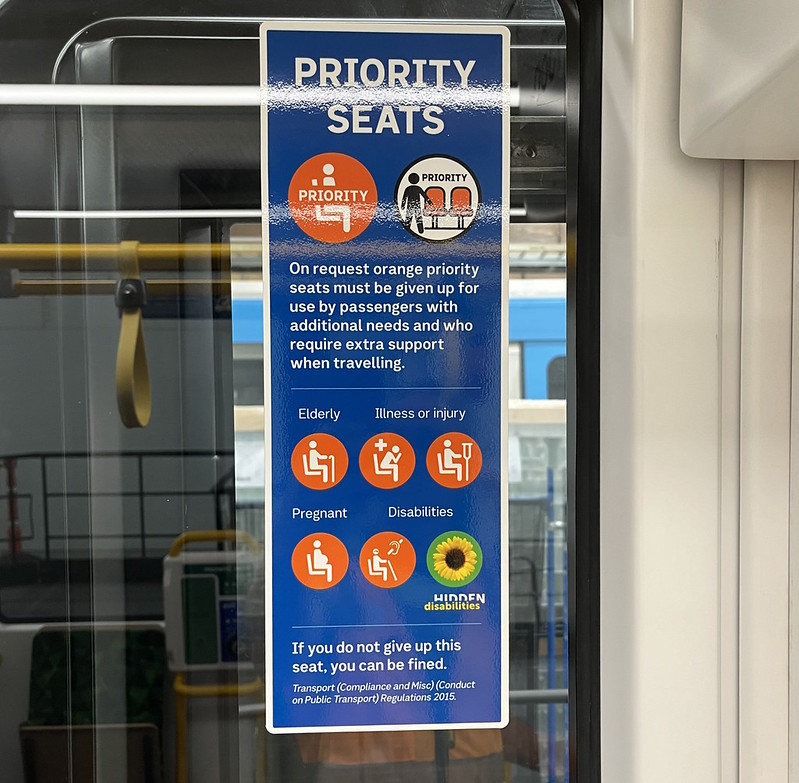 G Class tram mock-up: Priority seat signage