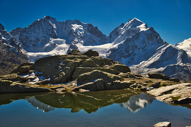 Piz Bernina (4048 m) and Piz Roseg (3937 m) seen from Fuorcla Surlej (2755 m)