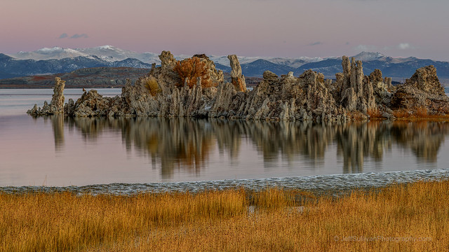 Sunrise Tufa Reflection with Snow on the Bodie Hills