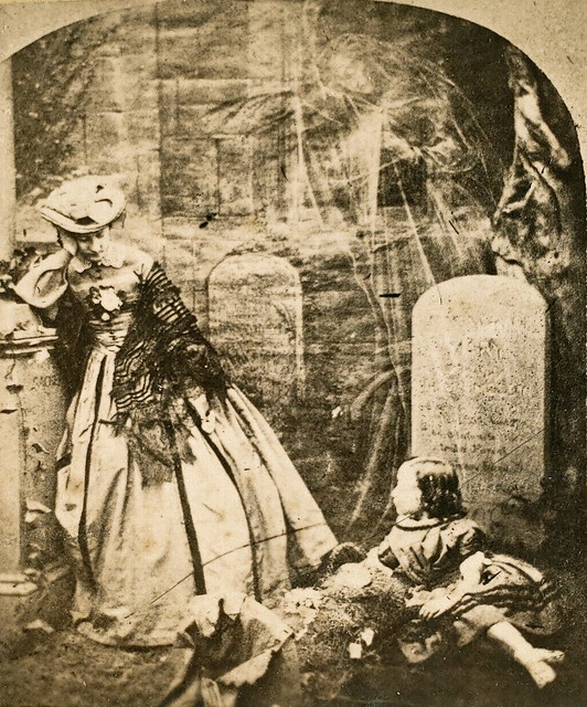 Woman and Child Visiting Grave with Ghost Above, 1/2 Stereoview, Circa 1865