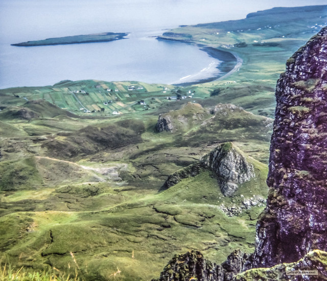 Dinosaur country. Amazing view from the Quiraing of Brogaig and Staffin villages on the Trotternish Peninsula of Skye.