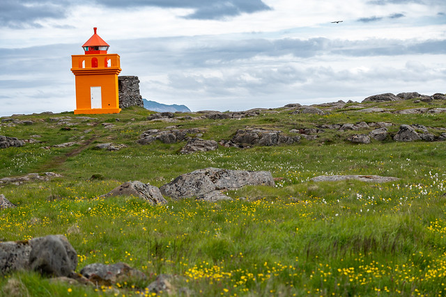 Hafnarnesviti orange lighthouse in Iceland, near Bolungarvik Osholaviti