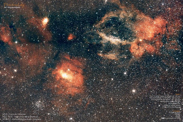 SH2157. Nebulosa de la Garra de la Langosta  NGC 7635 Nebulosa de la burbuja  M52 - Cúmulo abierto