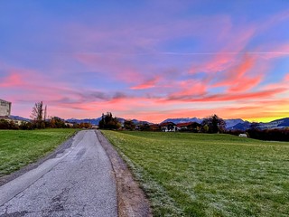 Autumn dawn with mountains in the background in Kiefersfelden in Bavaria, Germany
