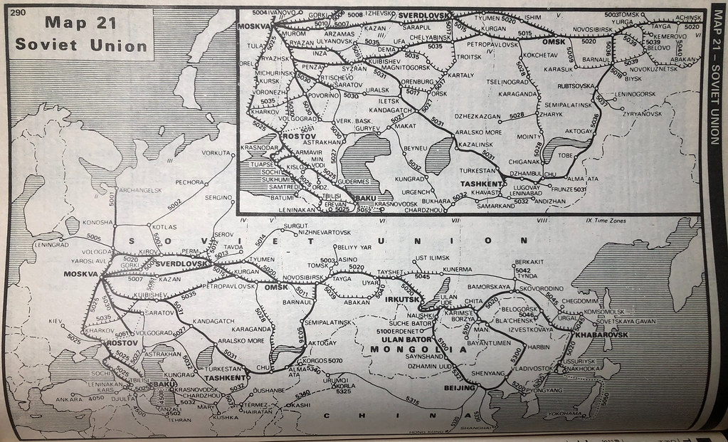 Soviet Union (Far East/Asian region) railway map.  From the Thomas Cook Overseas Timetable - March-April 1990.