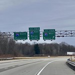 December 24, 2021: Southbound I-79 at junction with I-80, Findley Township, Mercer County, Pennsylvania A road sign gantry hangs over the southbound lanes of Interstate 79 on the approach to the ramps at its junction with Interstate 80 in Findley Township, Mercer County, Pennsylvania.