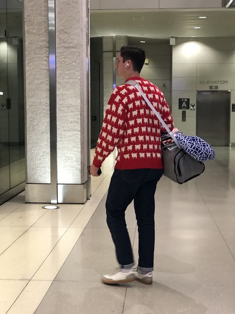 Young man in Princess Diana's sweater, AeroTrain station, Washington Dulles Airport, Virginia