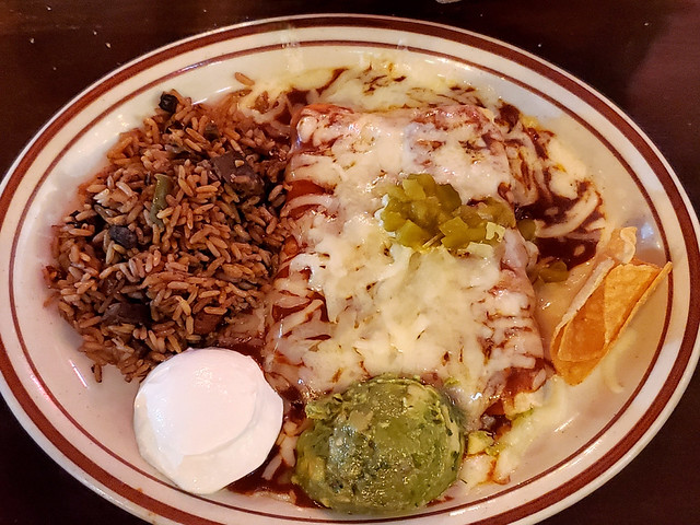 Lunch at Border Cafe in October - Cheese enchiladas and jambalaya with guacamole and sour cream.