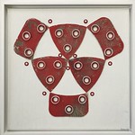 Red and White Repurposed discarded sand paper, community sourced plastic rings from pull caps, sequins, seed beads, stitching on gessoed canvas in white floater frame, 13&amp;quot; x 13&amp;quot;, 2023 