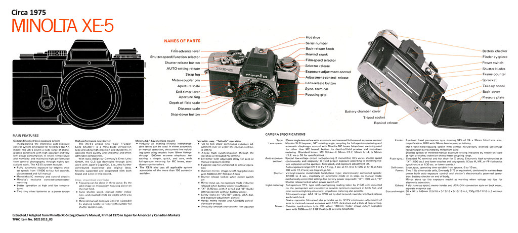 Minolta XE-5 Parts Names and Specifications, Circa 1975