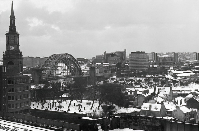 1970s Gateshead in the snow as viewed from Newcastle (B&W)