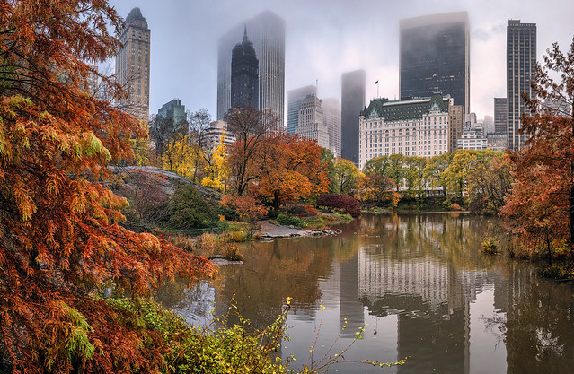 View from Gapstow Bridge of the Pond and buildings in the early morning fog in Central Park