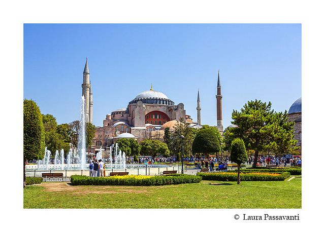Exterior view of the Hagia Sophia, aya sofya, mosque from Sultanahmet park in Istanbul