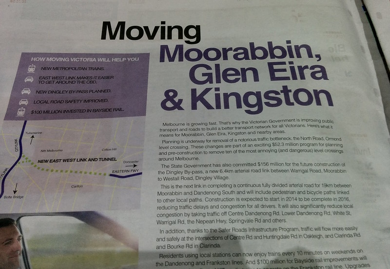 Napthine government promotion of East West Link to Moorabbin, Glen Eira and Kingston area, November 2013