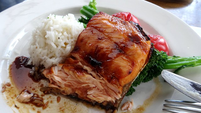 grilled salmon on rice at the SandBar on Granville Island, Vancouver in Vancouver, Canada 
