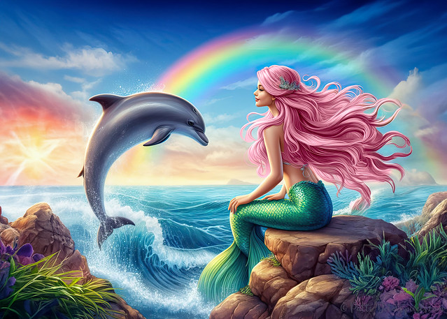 Mermaid with Pink Hair and Dolphin AI