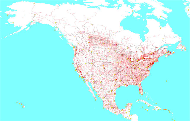 Roads, railroads and airports in North America 10.11.2023 #30DayMapChallenge
