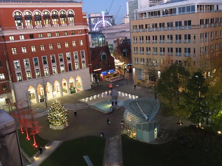 Christmas decorations in Central Square, Brindleyplace at sunset
