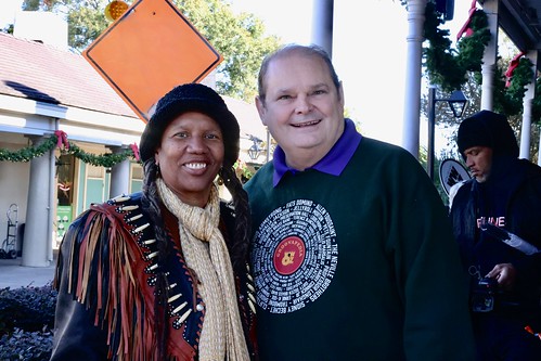 Charmaine Neville and Louis Dudoussat before the second line parade to WWOZ's new location on Nov. 28, 2023. Photo by Michele Goldfarb.