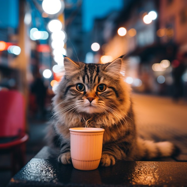cat with a cup of takeaway coffee sitting outside a coffee shop in tokyo japan, cozy, warm, night
