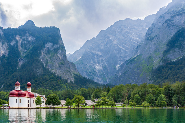 The iconic St. Bartholomä Church, at King's Lake, right at the foot of Mt. Watzmann (right side)