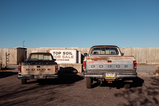 Dodge trucks in the junkyard parking lot, Myerstown PA 2023
