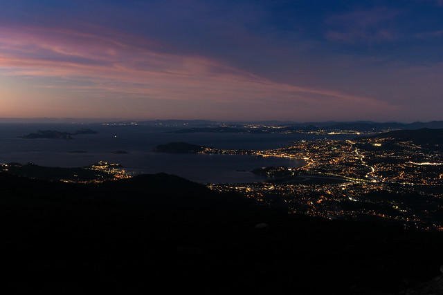 Panoramic night view of Nigran, Baiona and the Vigo estuary. Galicia - Spain